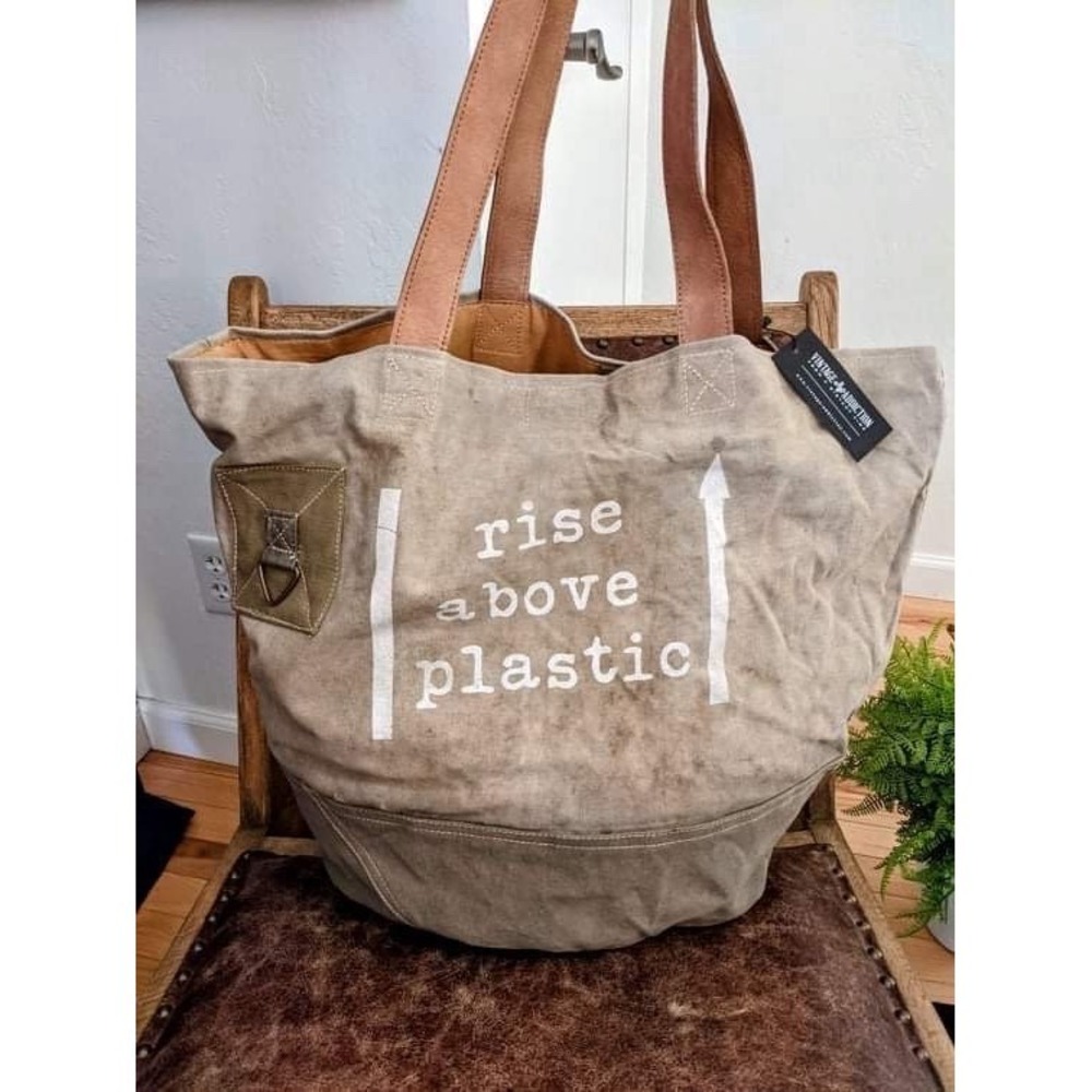 Vintage Addiction "Rise Above Plastic" Recycled Military Tent Canvas Tote Bag